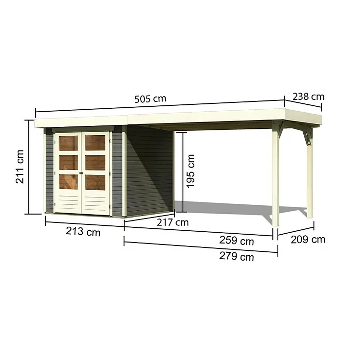Karibu Gartenhaus Askola - 217 x 497 cm, Wandstärke: 19 mm, Flachdach, Terragrau, Mit Anbau - Rechte Seitenansicht