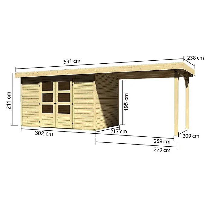 Karibu Gartenhaus Askola - L x B: 217 x 557 cm, Wandstärke: 19 mm, Flachdach, Natur, Mit Anbau - Rechte Seitenansicht