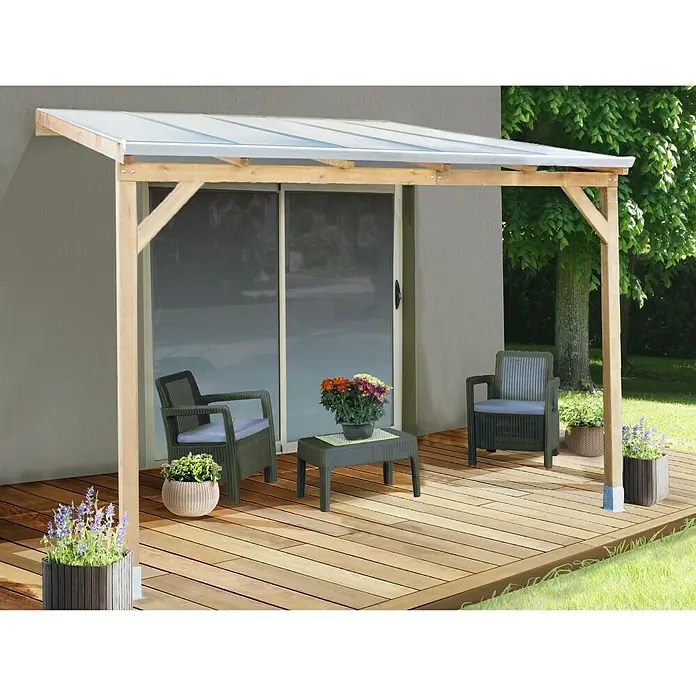 Palram – Canopia Terrassenüberdachung Juniper - Länge: 310 cm, Tiefe: 303 cm, Material Dach: Polycarbonat, Natur, Transparent - Vorderansicht