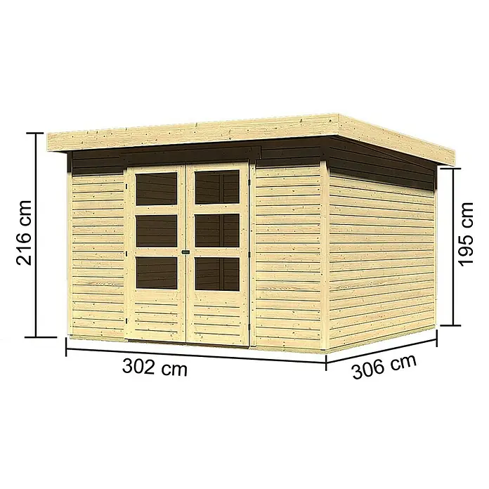 Karibu Gartenhaus Askola - L x B: 306 x 302 cm, Wandstärke: 19 mm, Flachdach, Natur - Linke Seitenansicht