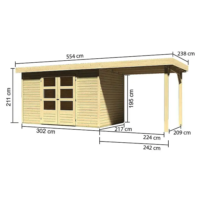 Karibu Gartenhaus Askola - L x B: 217 x 522 cm, Wandstärke: 19 mm, Flachdach, Natur, Mit Anbau - Rechte Seitenansicht