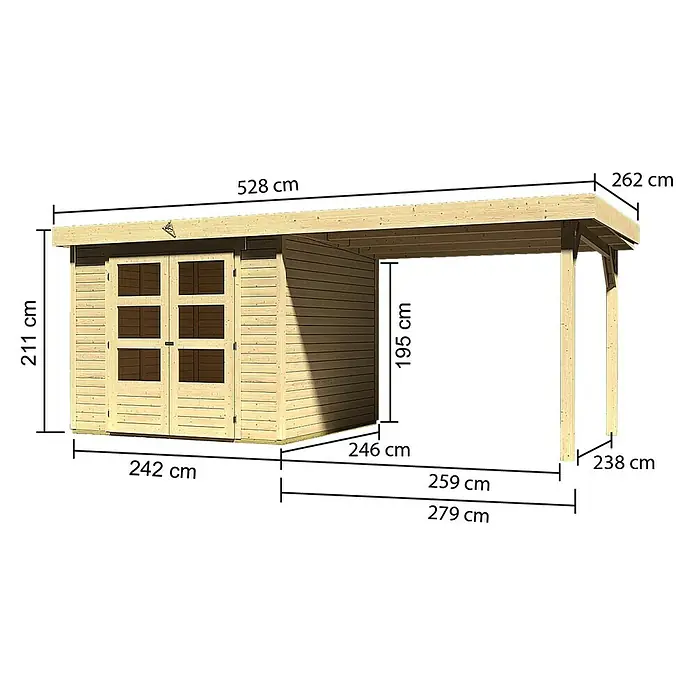 Karibu Gartenhaus Askola - L x B: 242 x 497 cm, Wandstärke: 19 mm, Flachdach, Natur, Mit Anbau - Vorderansicht