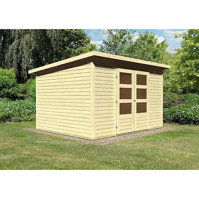 Karibu Gartenhaus Stockach - L x B: 246 x 305 cm, Wandstärke: 19 mm, Pultdach, Natur - Linke Seitenansicht