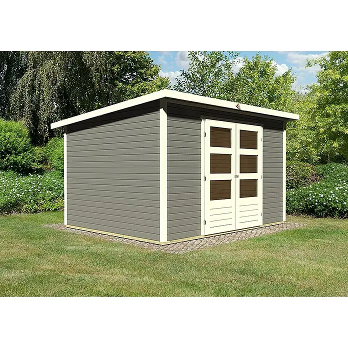 Karibu Gartenhaus Stockach - L x B: 246 x 305 cm, Wandstärke: 19 mm, Pultdach, Terragrau - Linke Seitenansicht