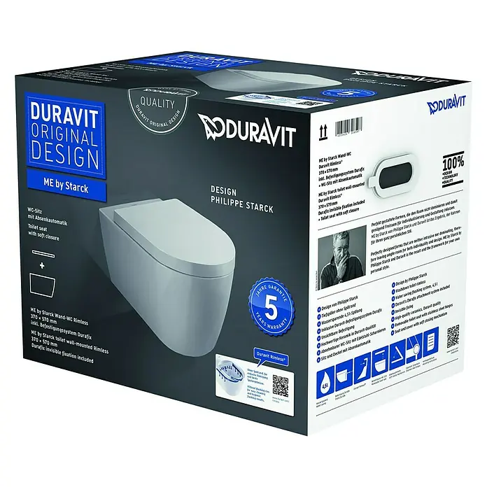 Duravit ME by Starck Wand-WC-Set Typ 1 - Spülrandlos, Ohne Spezialglasur, Spülform: Tief, WC Abgang: Waagerecht, Weiß - Vorderansicht