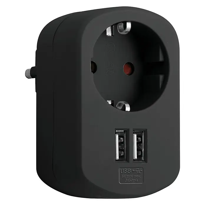 Simon Adaptador USB Combi - Negro, 2 conexiones USB