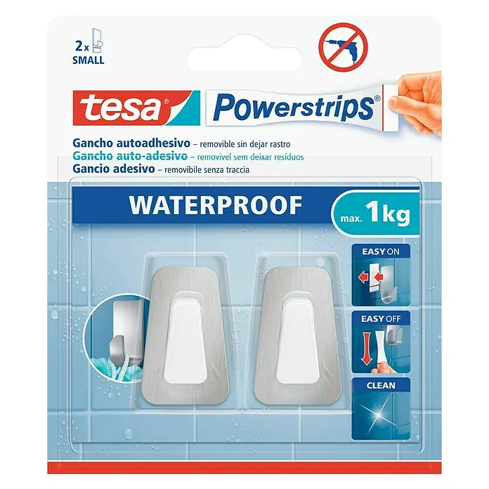 Tesa Powerstrips Waterproof Colgador adhesivo S - Acero inoxidable, Plateado, Blanco