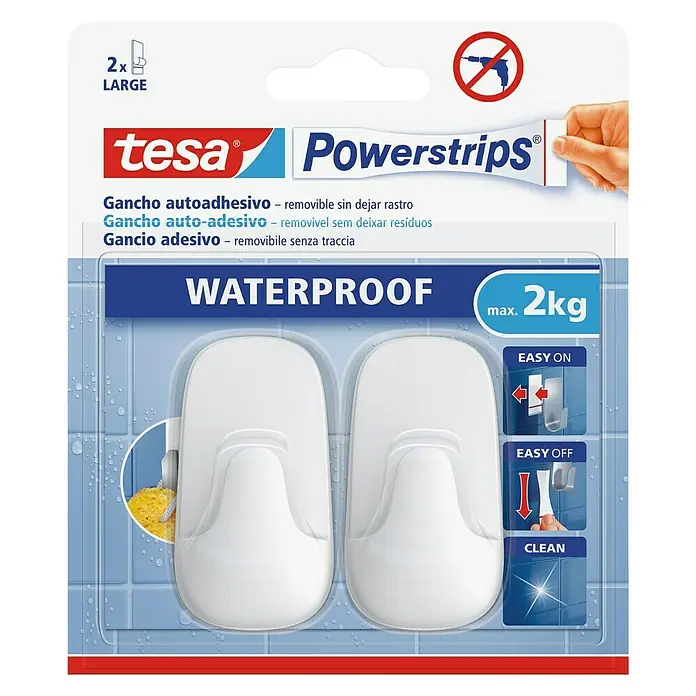 Tesa Powerstrips Waterproof Colgador adhesivo L - Plástico, Blanco