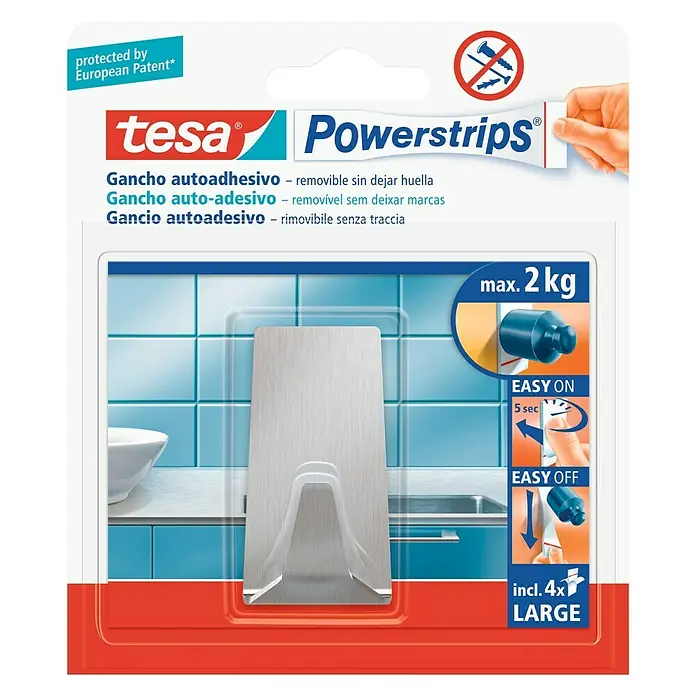 Tesa Powerstrips Colgador adhesivo L - Acero inoxidable, Plateado