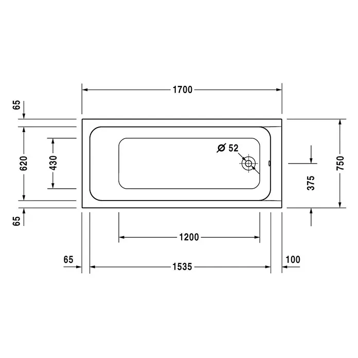 Duravit D-Code Badewanne - 170 x 75 cm, Ablauf: Fußende, Sanitäracryl, Weiß - Vorderansicht