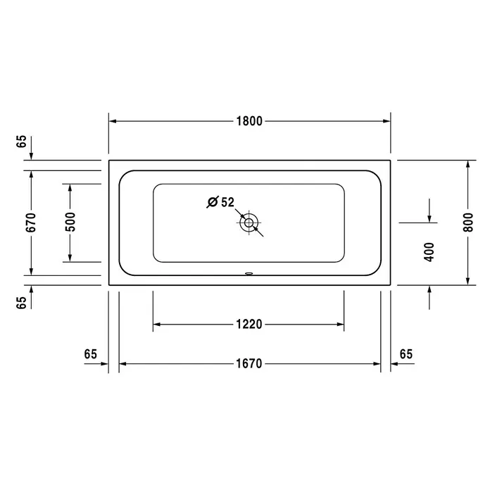 Duravit D-Code Badewanne - 180 x 80 cm, Ablauf: Mittig, Sanitäracryl, Weiß - Vorderansicht