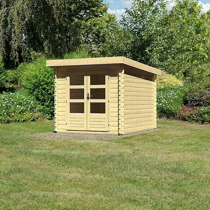 Karibu Blockbohlenhaus Bastrup 4 - 333 x 255 cm, Wandstärke: 28 mm, Pultdach - Rechte Seitenansicht