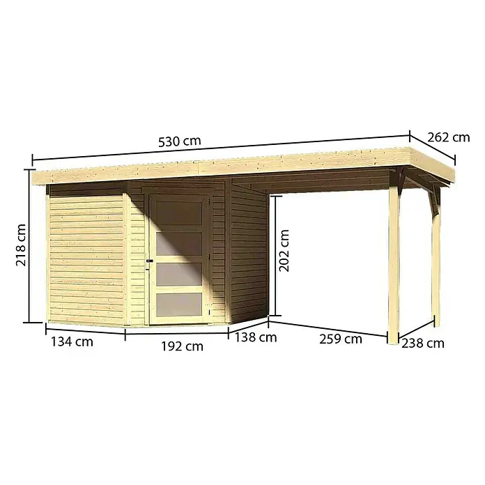 Karibu Gartenhaus Schwandorf 5 - 548 x 262 cm, Wandstärke: 19 mm, Flachdach, Ausführung: Mit Anbau, Natur - Vorderansicht