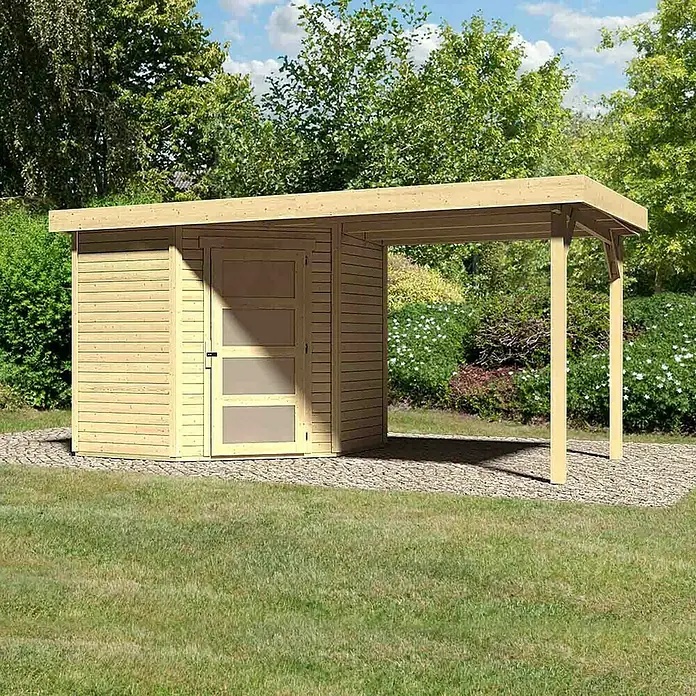 Karibu Gartenhaus Schwandorf 3 - 482 x 238 cm, Wandstärke: 19 mm, Flachdach, Ausführung: Mit Anbau, Natur - Rechte Seitenansicht