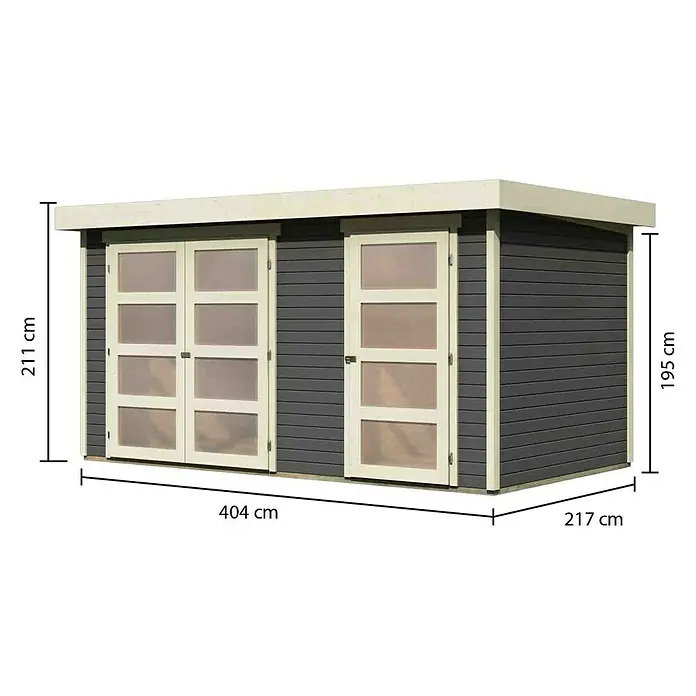 Karibu Gartenhaus Mühlentrup - 238 x 428 cm, 19 mm, Flachdach, Terragrau - Linke Seitenansicht