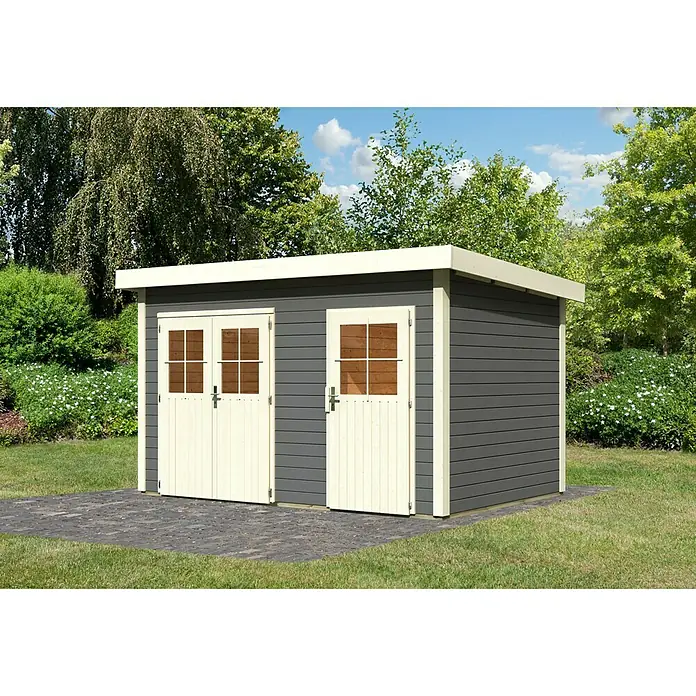 Karibu Gartenhaus Tintrup - 273 x 396 cm, Wandstärke: 28 mm, Flachdach, Terragrau, Weiß - Vorderansicht