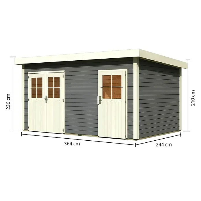 Karibu Gartenhaus Mattrup - 303 x 456 cm, Wandstärke: 28 mm, Flachdach, Terragrau, Weiß - Rechte Seitenansicht