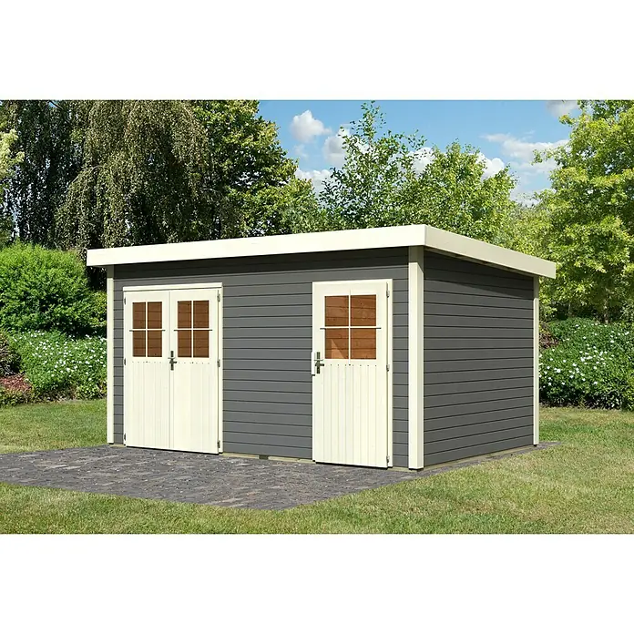 Karibu Gartenhaus Mattrup - 303 x 456 cm, Wandstärke: 28 mm, Flachdach, Terragrau, Weiß - Rechte Seitenansicht