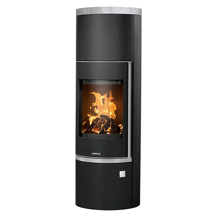 Justus Kaminofen Faro W+ 2.0 - 7 kW, Raumheizvermögen: 144 m³, Material Abdeckung: Speckstein, Schwarz