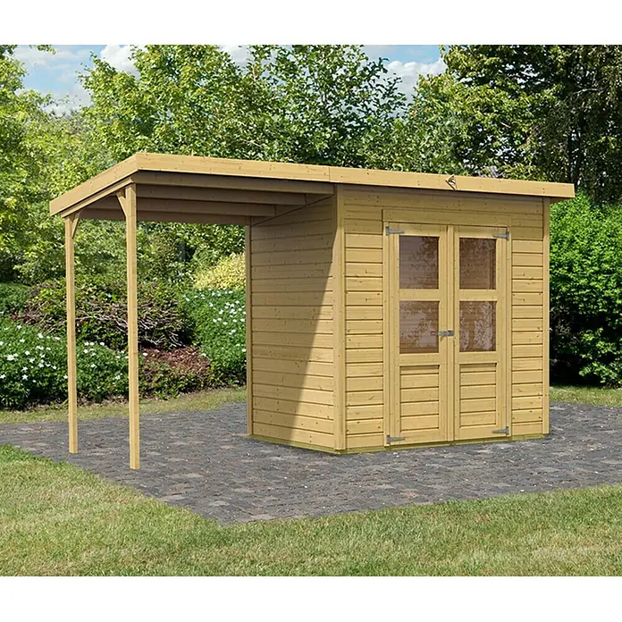 Karibu Gartenhaus Merseburg 3 - 175 x 390 cm, Wandstärke: 14 mm, Pultdach - Linke Seitenansicht