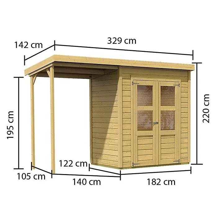 Karibu Gartenhaus Merseburg 2 - 142 x 328 cm, Wandstärke: 14 mm, Pultdach - Vorderansicht