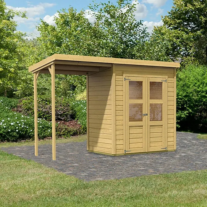 Karibu Gartenhaus Merseburg 2 - 142 x 328 cm, Wandstärke: 14 mm, Pultdach - Vorderansicht