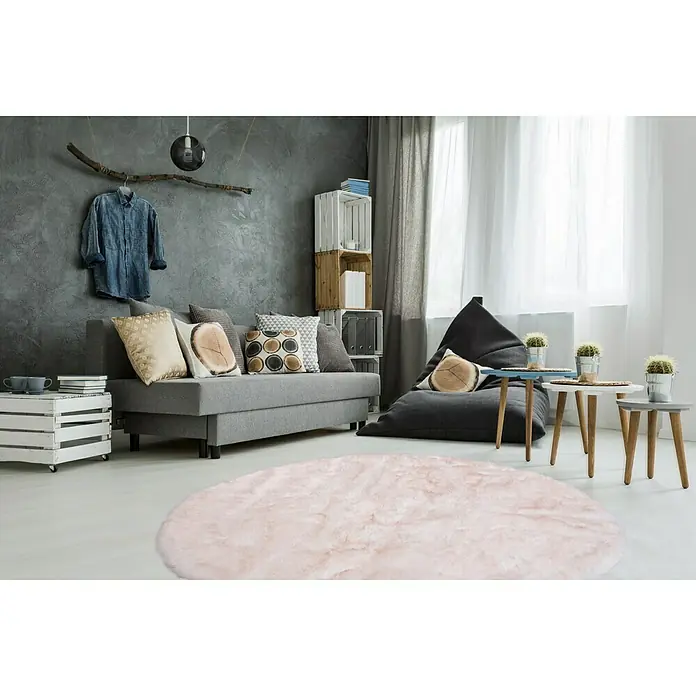Kayoom Teppich Crown - Weiß/Puderrosa, Durchmesser: 160 cm, 100 % Polyester, Rund - Stimmungsaufnahme