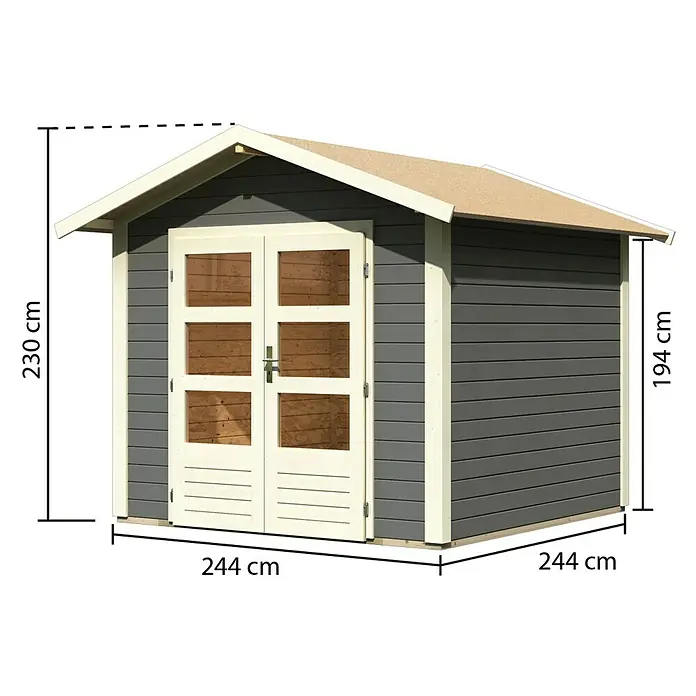 Karibu Gartenhaus Talkau 4 - 274 x 270 cm, Wandstärke: 28 mm, Satteldach, Grau - Rechte Seitenansicht