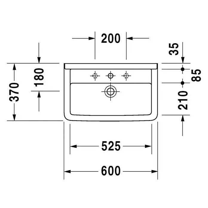 Duravit Starck 3 Waschtisch Compact - 60 x 37 cm, Ohne Spezialglasur, Hahnloch: Mitte, Mit Überlauf, Weiß