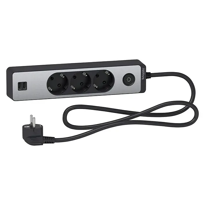 Schneider Electric Base de enchufe múltiple con USB - Número de enchufes Schuko: 3 ud., Plateado/Antracita, 1,5 m
