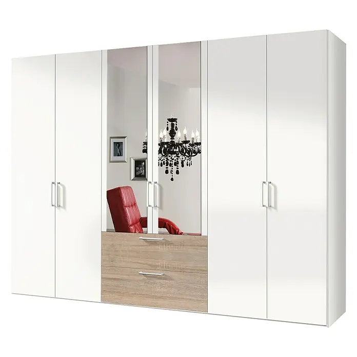 Express Möbel Kleiderschrank Brooklyn - L x B x H: 58 x 300 x 216 cm, Weiß/Sonoma Eiche, 2 Spiegel, Anzahl Schubladen: 2 Stk. - Rechte Seitenansicht