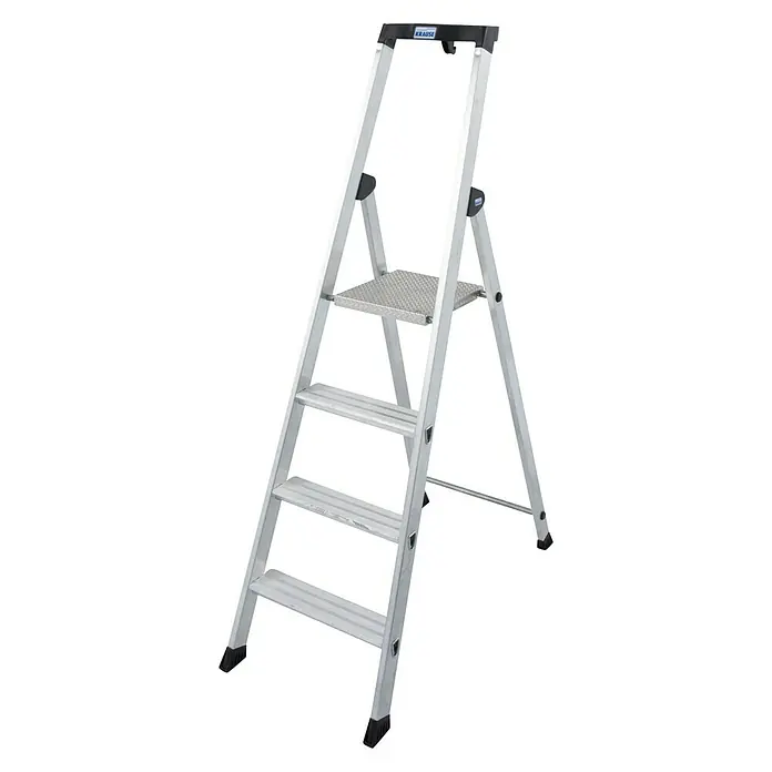 Krause Monto Stufenstehleiter Solido - Arbeitshöhe: 2,85 m, Anzahl Tritte: 4 Stufen, Tiefe Stufen: 80 mm, Aluminium - Linke Seitenansicht