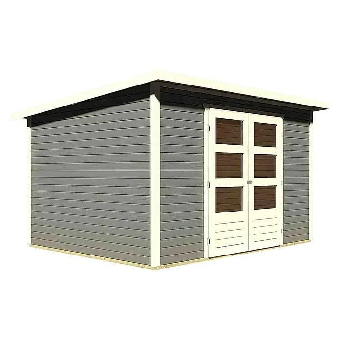 Karibu Gartenhaus Stockach - L x B: 246 x 305 cm, Wandstärke: 19 mm, Pultdach, Terragrau - Rechte Seitenansicht