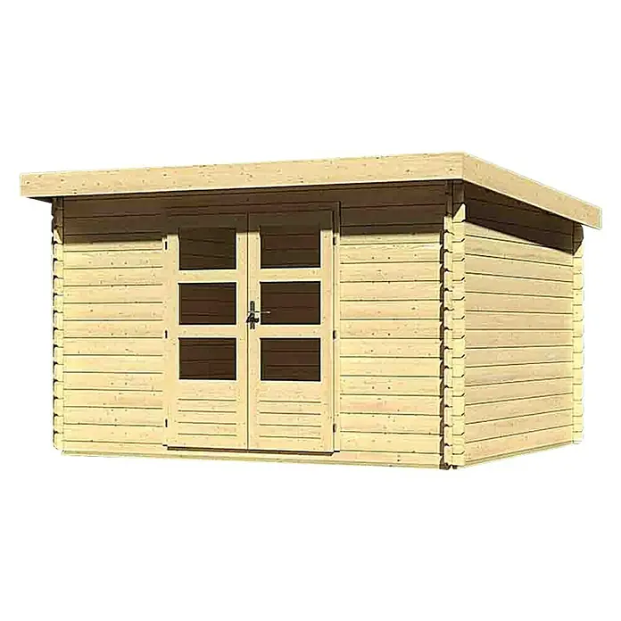 Karibu Blockbohlenhaus Bastrup 7 - 297 x 375 cm, Wandstärke: 28 mm, Pultdach - Linke Seitenansicht