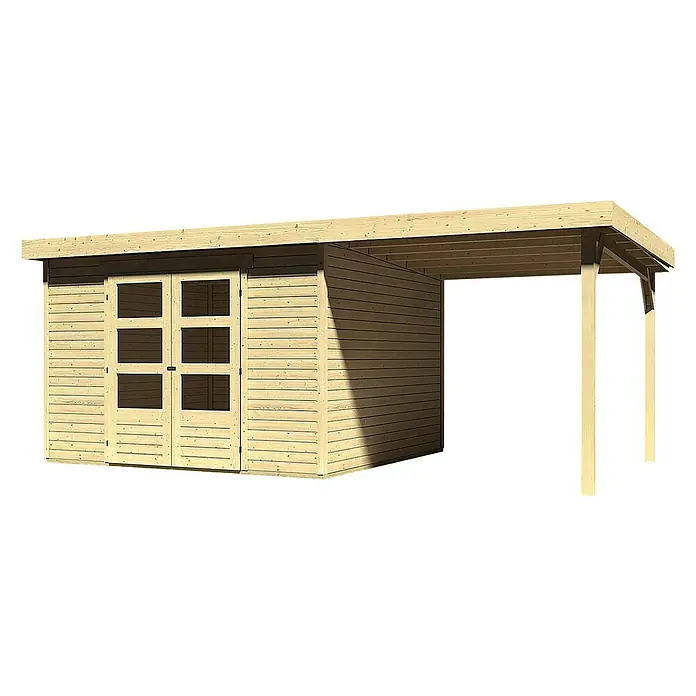 Karibu Gartenhaus Askola - L x B: 306 x 522 cm, Wandstärke: 19 mm, Flachdach, Natur, Mit Anbau - Linke Seitenansicht