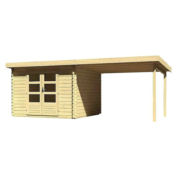 Karibu Blockbohlenhaus Bastrup 5 - 333 x 614 cm, Wandstärke: 28 mm, Pultdach, Ausführung: Mit Anbau - Linke Seitenansicht