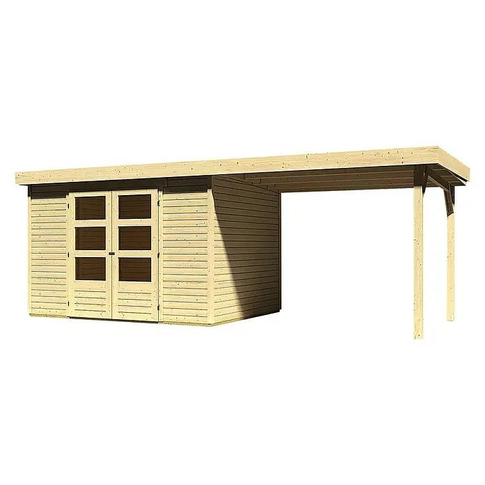 Karibu Gartenhaus Askola - L x B: 246 x 557 cm, Wandstärke: 19 mm, Flachdach, Natur, Mit Anbau - Linke Seitenansicht