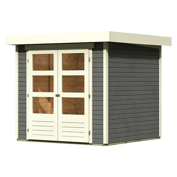Karibu Gartenhaus Askola - L x B: 217 x 213 cm, Wandstärke: 19 mm, Flachdach, Terragrau - Linke Seitenansicht