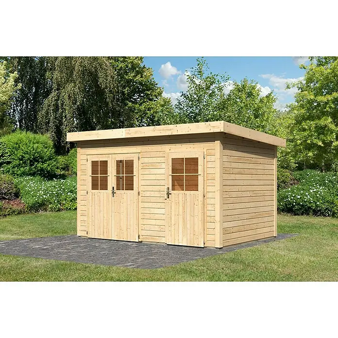 Karibu Gartenhaus Tintrup - 273 x 396 cm, Wandstärke: 28 mm, Flachdach, Natur - Rechte Seitenansicht