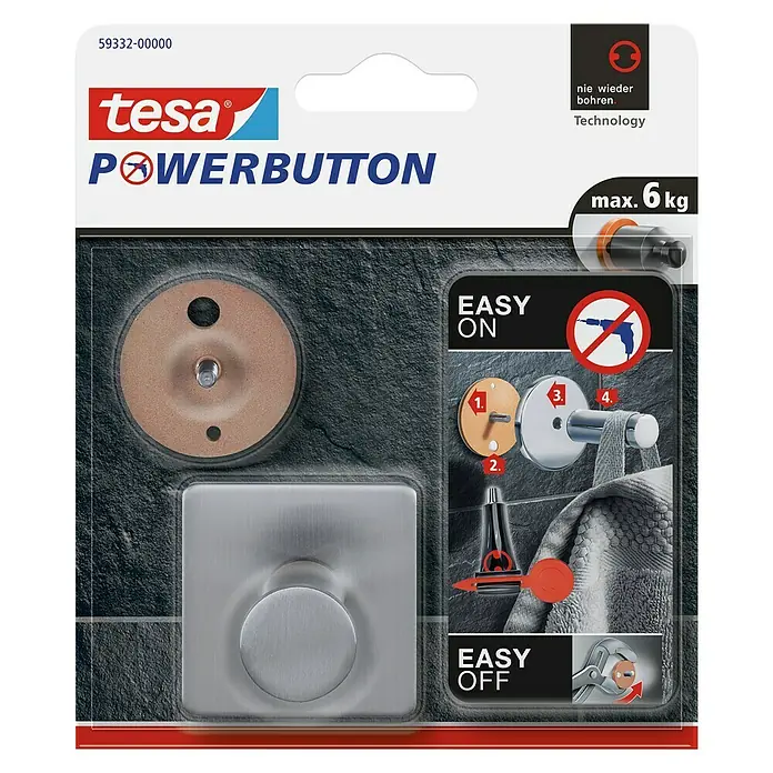 Tesa Powerbutton Wandhaken Powerbutton - Rechteckig, Selbstklebend