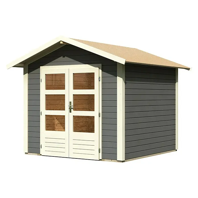 Karibu Gartenhaus Talkau 4 - 274 x 270 cm, Wandstärke: 28 mm, Satteldach, Grau - Linke Seitenansicht