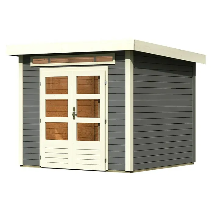 Karibu Gartenhaus Kandern 3 - 244 x 244 cm, Wandstärke: 28 mm, Flachdach, Terragrau - Linke Seitenansicht
