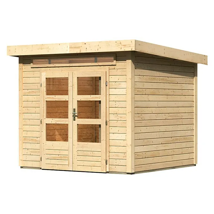 Karibu Gartenhaus Kandern 3 - 244 x 244 cm, Wandstärke: 28 mm, Flachdach, Natur - Linke Seitenansicht