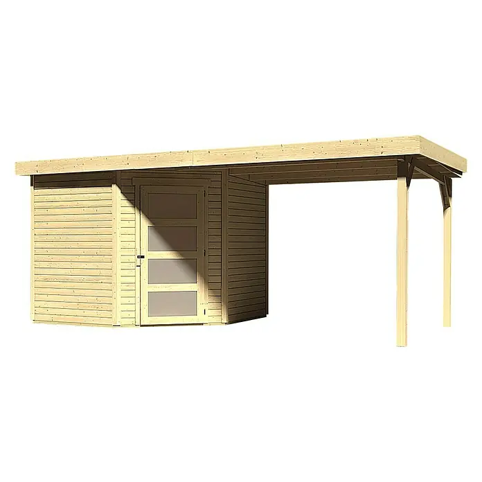 Karibu Gartenhaus Schwandorf 5 - 548 x 262 cm, Wandstärke: 19 mm, Flachdach, Ausführung: Mit Anbau, Natur - Rechte Seitenansicht