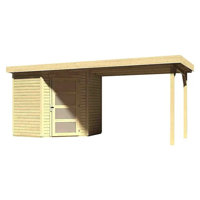 Karibu Gartenhaus Schwandorf 3 - 522 x 238 cm, Wandstärke: 19 mm, Flachdach, Ausführung: Mit Anbau, Natur - Linke Seitenansicht
