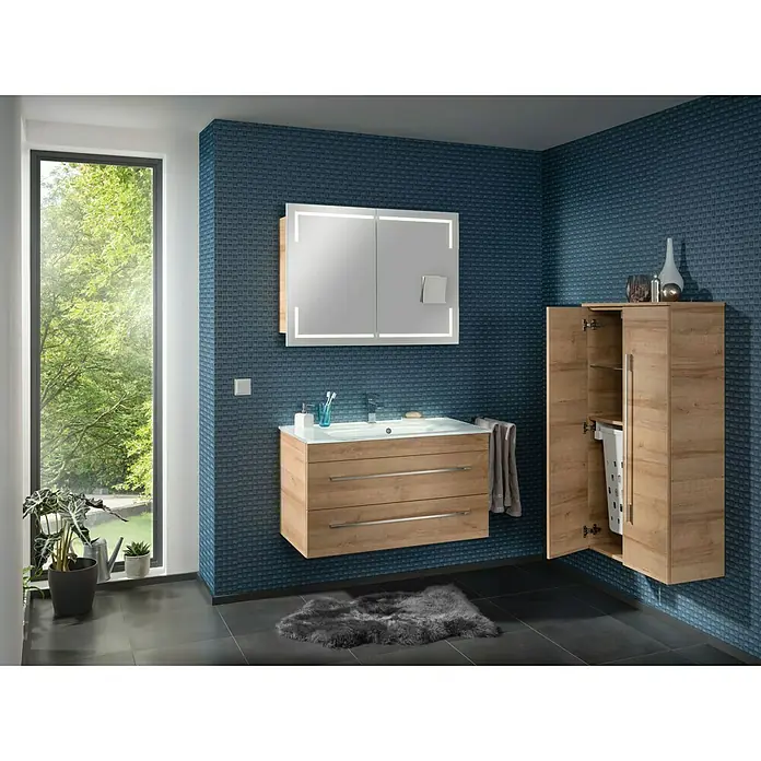Camargue Stella LED-Spiegelschrank - B x H: 100 x 73,7 cm, Mit Beleuchtung, Mit eckigen Kanten, Spanplatte, Berg Eiche - Stimmungsaufnahme