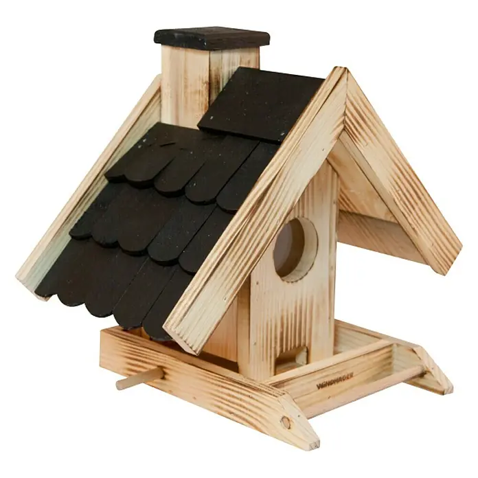 Windhager Vogelfutterhaus Villa - L x B x H: 21 x 30 x 25 cm, Natur/Schwarz, Geflammt, Holz