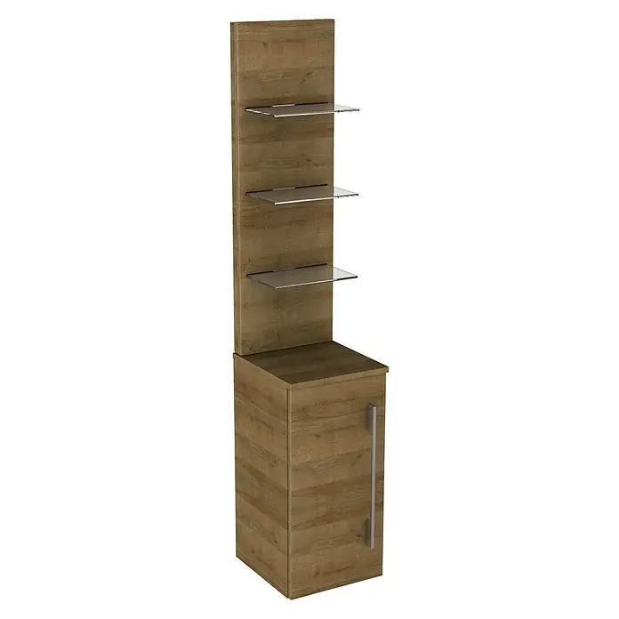 Camargue Stella Seitenschrank - 30,4 x 32,5 x 151,6 cm, 3 Glasböden mit LED-Beleuchtung, Berg Eiche - Linke Seitenansicht