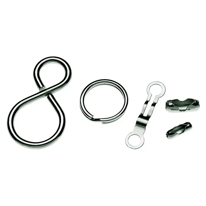 Stabilit Kugelkettenzubehör - 2 S-Haken, 2 Schlüsselringe, 2 Endbefestigungen, 2 Klemmschließen - Vorderansicht