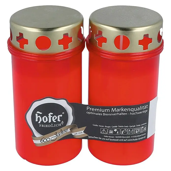 Hofer Friedlicht Grablicht Brenner T3 - Ø x H: 6 x 12 cm, Rot, 2 Stk.